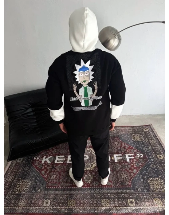 Üç İplik Kapşonlu Parçalı Baskılı weathirt  iyah