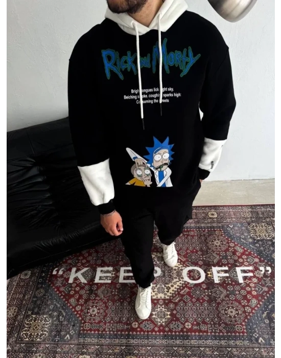 Üç İplik Kapşonlu Parçalı Baskılı weathirt  iyah