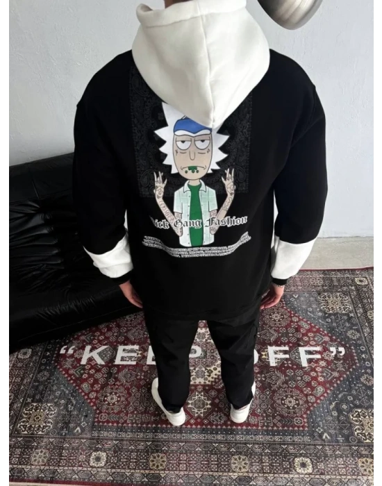 Üç İplik Kapşonlu Parçalı Baskılı weathirt  iyah