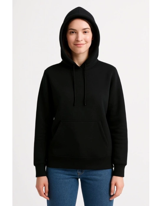 Üç İplik Kapüşonlu Kanguru Çepli weathirt Hoodie  iyah