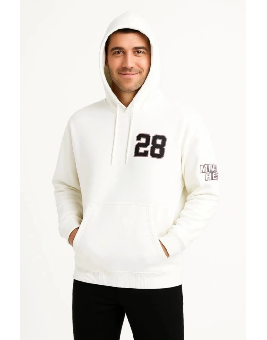 Üç İplik Kapüşonlu Ön Ve Arka Baskılı weathirt Hoodie  Beyaz