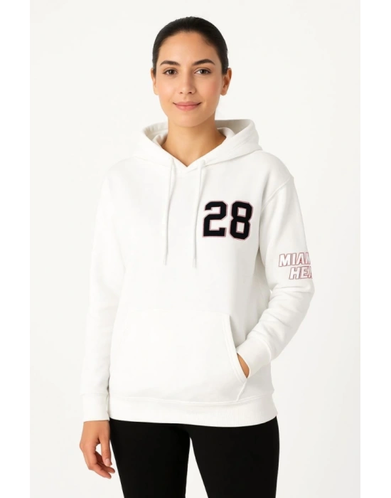 Üç İplik Kapüşonlu Ön Ve Arka Baskılı weathirt Hoodie  Beyaz