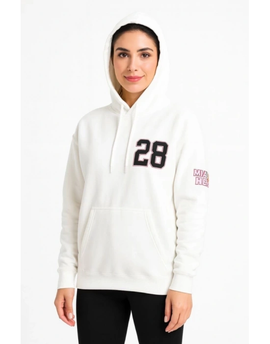 Üç İplik Kapüşonlu Ön Ve Arka Baskılı weathirt Hoodie  Beyaz