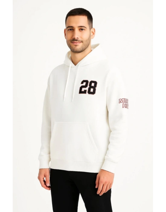 Üç İplik Kapüşonlu Ön Ve Arka Baskılı weathirt Hoodie  Beyaz