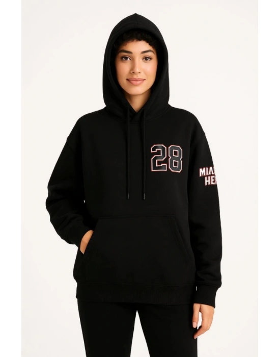Üç İplik Kapüşonlu Ön Ve Arka Baskılı weathirt Hoodie  iyah
