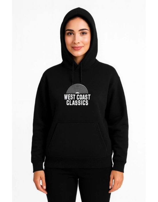 Üç İplik Kapüşonlu Ön Ve Arka Baskılı weathirt Hoodie  iyah