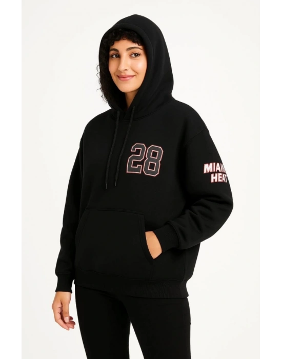Üç İplik Kapüşonlu Ön Ve Arka Baskılı weathirt Hoodie  iyah