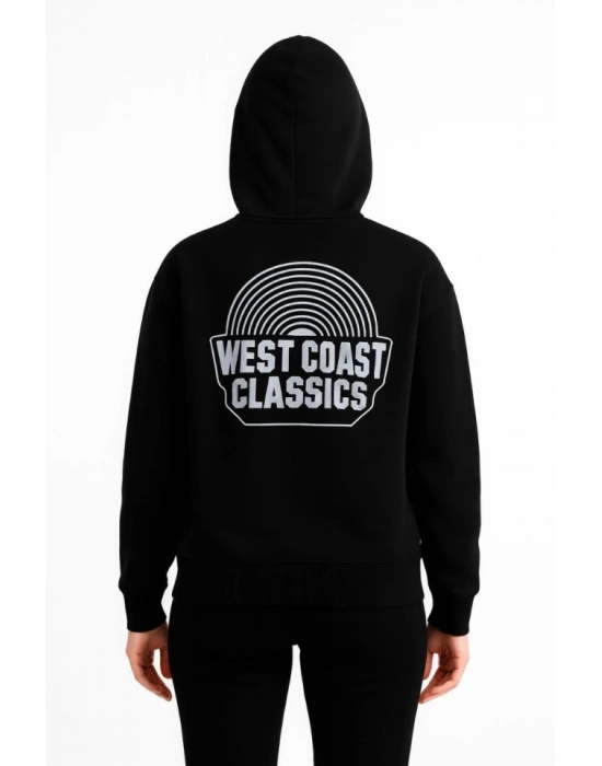 Üç İplik Kapüşonlu Ön Ve Arka Baskılı weathirt Hoodie  iyah