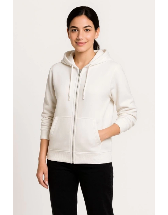 Üç İplik Kapüşonlu Tam Fermuarlı Kanguru Çepli weathirt Hoodie  Beyaz