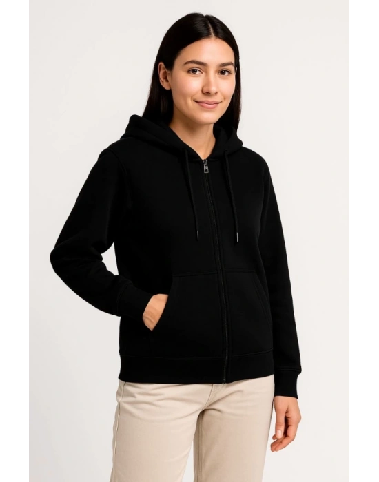 Üç İplik Kapüşonlu Tam Fermuarlı Kanguru Çepli weathirt Hoodie  iyah