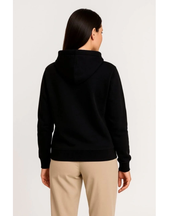 Üç İplik Kapüşonlu Tam Fermuarlı Kanguru Çepli weathirt Hoodie  iyah