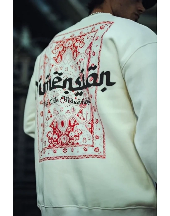 Üç İplik Penye Bisiklet Yaka Oversize Baskılı weathirt  Beyaz