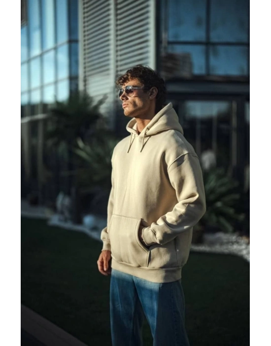 Üç İplik Penye Kapşonlu Basic weathirt  Bej