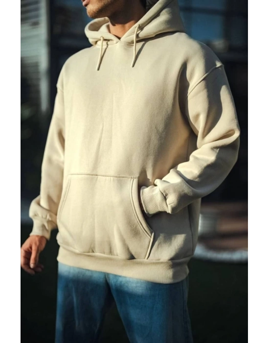 Üç İplik Penye Kapşonlu Basic weathirt  Bej