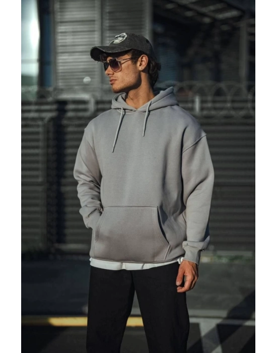 Üç İplik Penye Kapşonlu Basic weathirt  Boyalı Gri