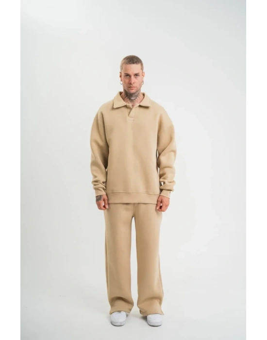 Üç İplik Uzun Kol Yakalı Eşofman Takım  Bej