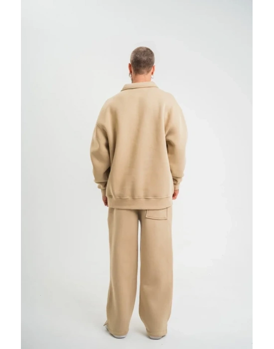 Üç İplik Uzun Kol Yakalı Eşofman Takım  Bej
