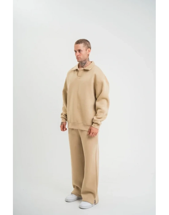 Üç İplik Uzun Kol Yakalı Eşofman Takım  Bej