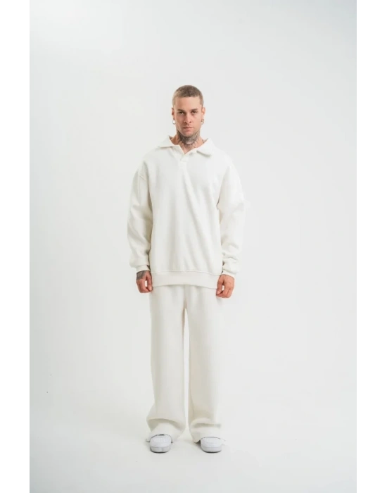 Üç İplik Uzun Kol Yakalı Eşofman Takım  Beyaz