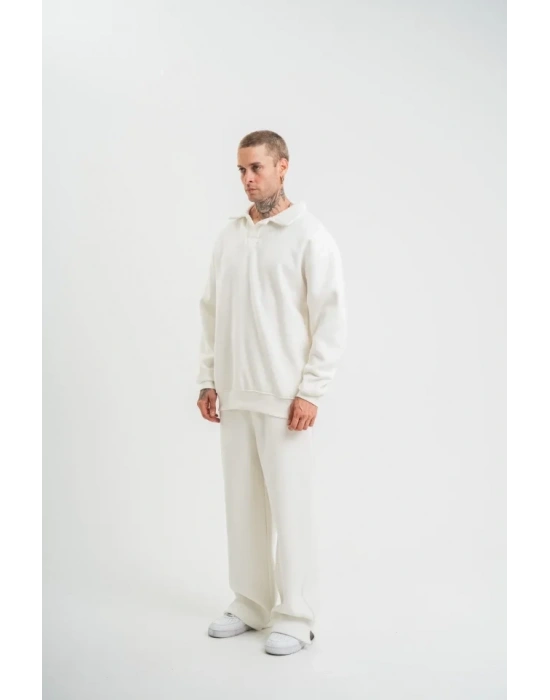 Üç İplik Uzun Kol Yakalı Eşofman Takım  Beyaz