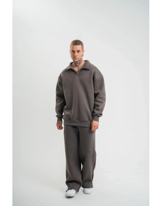 Üç İplik Uzun Kol Yakalı Eşofman Takım  Füme