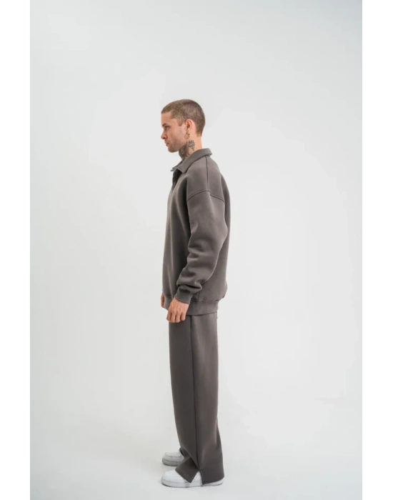 Üç İplik Uzun Kol Yakalı Eşofman Takım  Füme