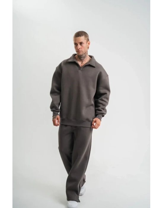 Üç İplik Uzun Kol Yakalı Eşofman Takım  Füme