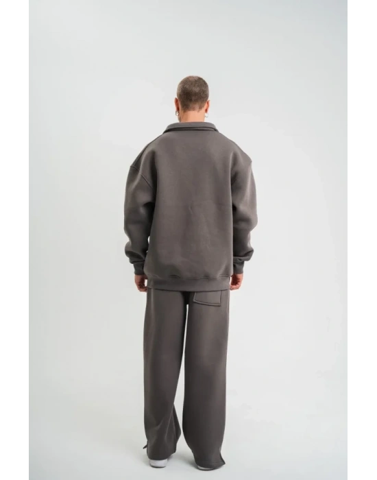 Üç İplik Uzun Kol Yakalı Eşofman Takım  Füme