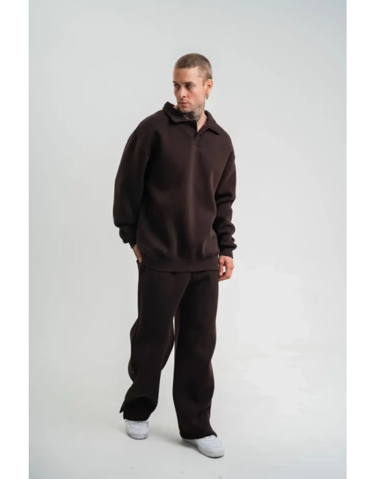 Üç İplik Uzun Kol Yakalı Eşofman Takım  Kahve