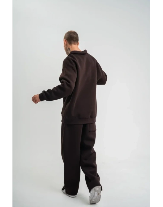 Üç İplik Uzun Kol Yakalı Eşofman Takım  Kahve