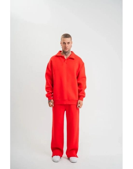 Üç İplik Uzun Kol Yakalı Eşofman Takım  Kırmızı