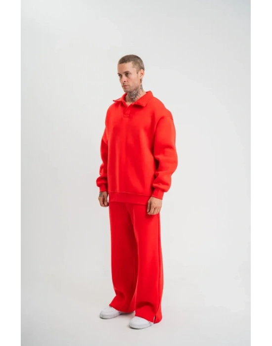 Üç İplik Uzun Kol Yakalı Eşofman Takım  Kırmızı