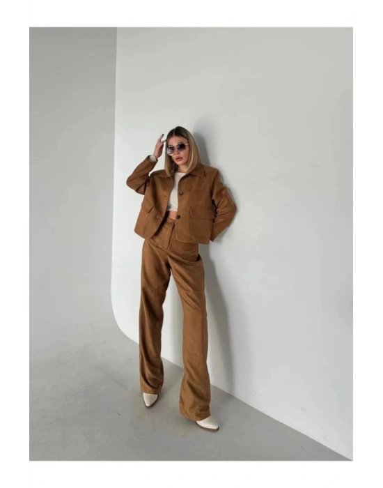 üet Ceket Palazzo Pantolon İkili Takım  Kahve
