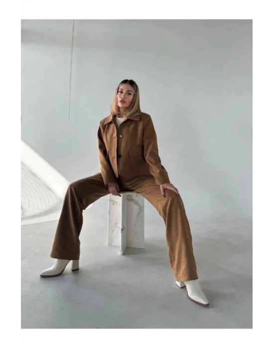 üet Ceket Palazzo Pantolon İkili Takım  Kahve