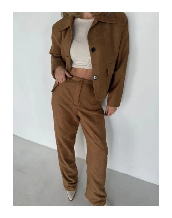 üet Ceket Palazzo Pantolon İkili Takım  Kahve