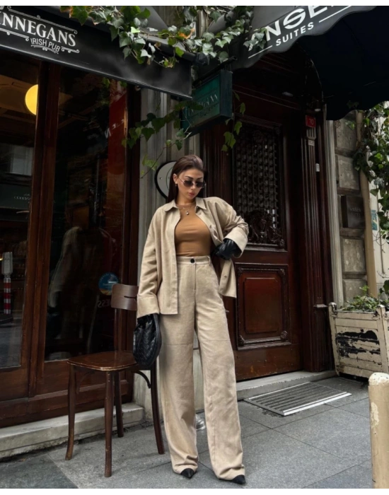 üet Gömlek Palazzo Pantolon İkili Takım  Bej