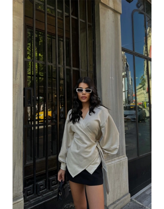 ÜET KRUVAZE BLUZ BAĞLAMA DETAYLI  Taş