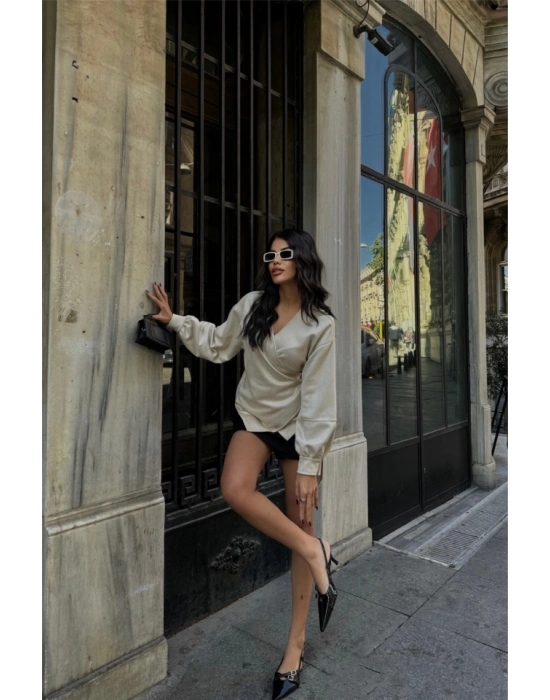 ÜET KRUVAZE BLUZ BAĞLAMA DETAYLI  Taş