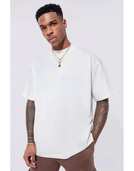 Unisex Basic Bisiklet Yaka Oversize Thirt  Beyaz