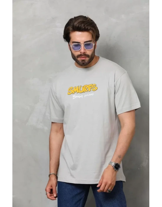 Unisex Basic Bisiklet Yaka Oversize Thirt  Gri