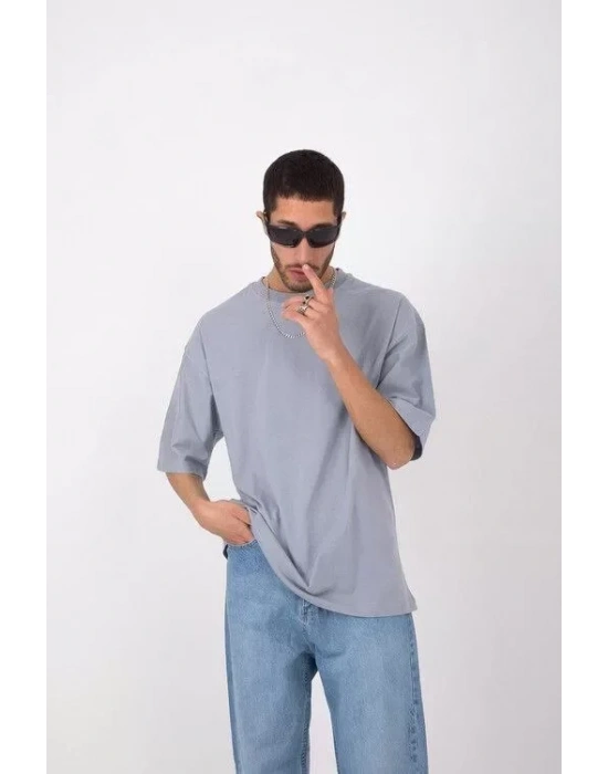 Unisex Basic Bisiklet Yaka Oversize Thirt  Gri