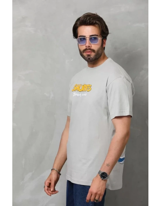 Unisex Basic Bisiklet Yaka Oversize Thirt  Gri