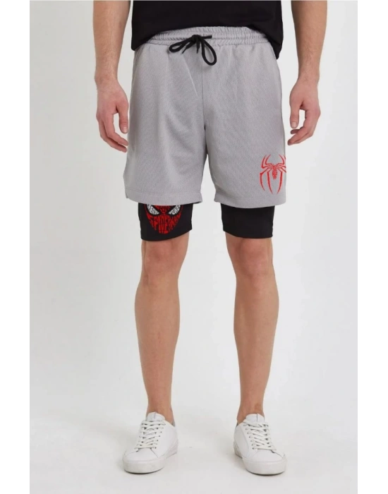 Unisex Baskılı İç Cepli porcu Alt Taytlı Şort  Gri