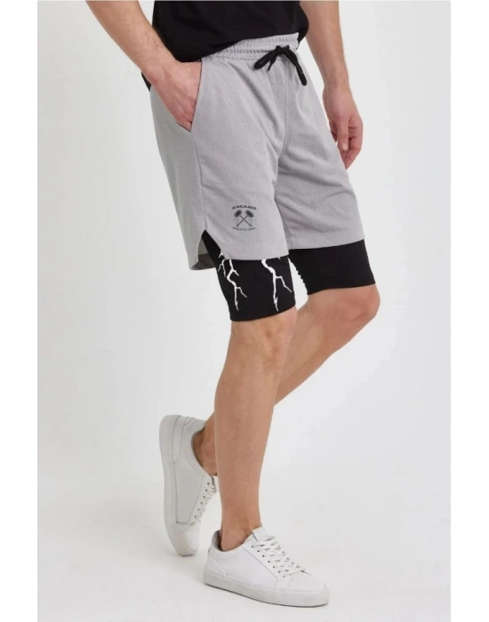 Unisex Baskılı İç Cepli porcu Alt Taytlı Şort  Gri