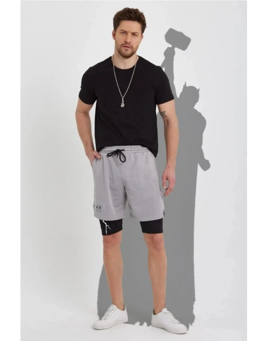 Unisex Baskılı İç Cepli porcu Alt Taytlı Şort  Gri