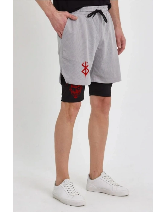 Unisex Baskılı İç Cepli porcu Alt Taytlı Şort  Gri
