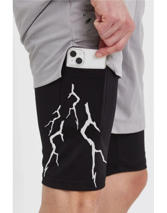 Unisex Baskılı İç Cepli porcu Alt Taytlı Şort  Gri