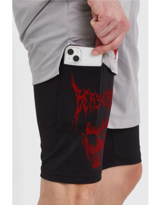 Unisex Baskılı İç Cepli porcu Alt Taytlı Şort  Gri