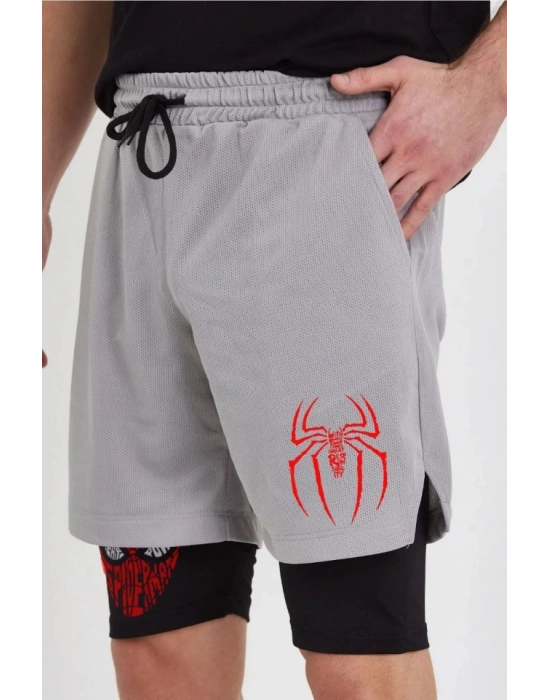 Unisex Baskılı İç Cepli porcu Alt Taytlı Şort  Gri