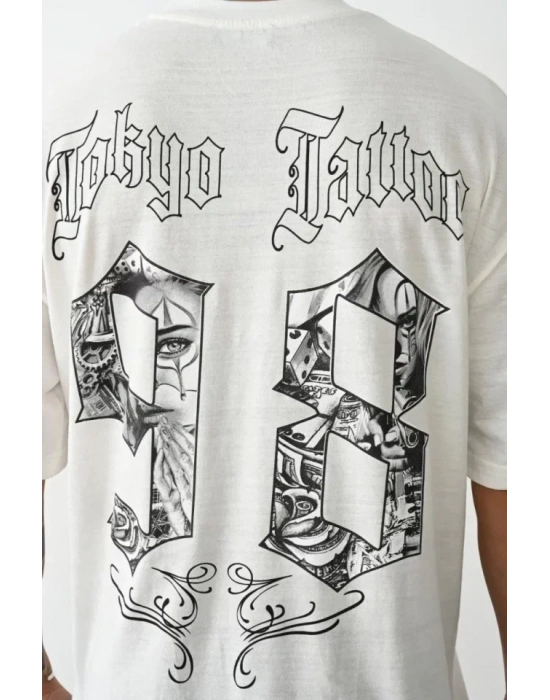 Unisex Baskılı Oversize Thirt  Beyaz